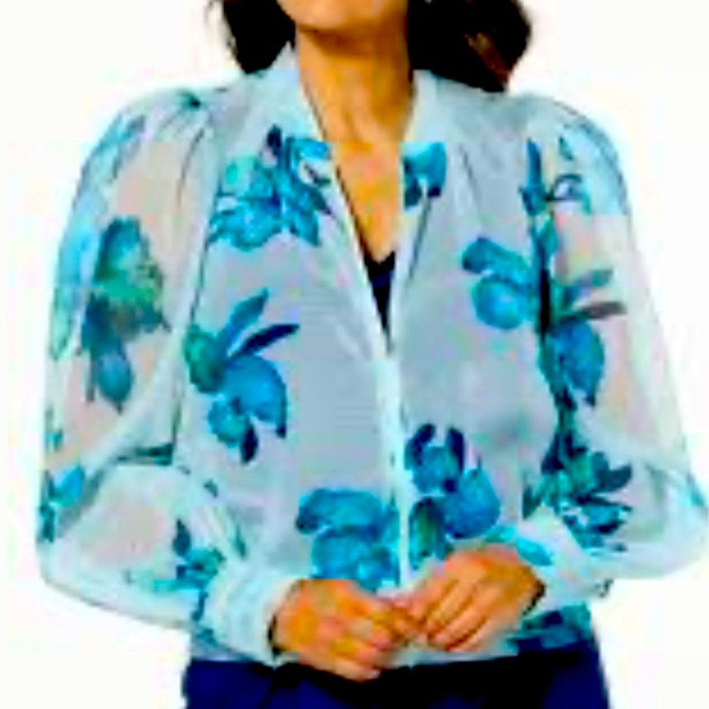 Sz 22W Floral Organza Women's Zip Top, Pleated Cuffs & Hem, Long Blouson Sleeves
